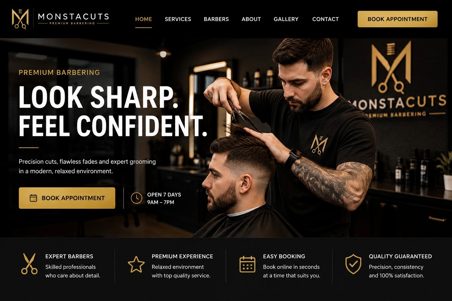 MonstaCuts appointment website demo showing the homepage and online booking call to action